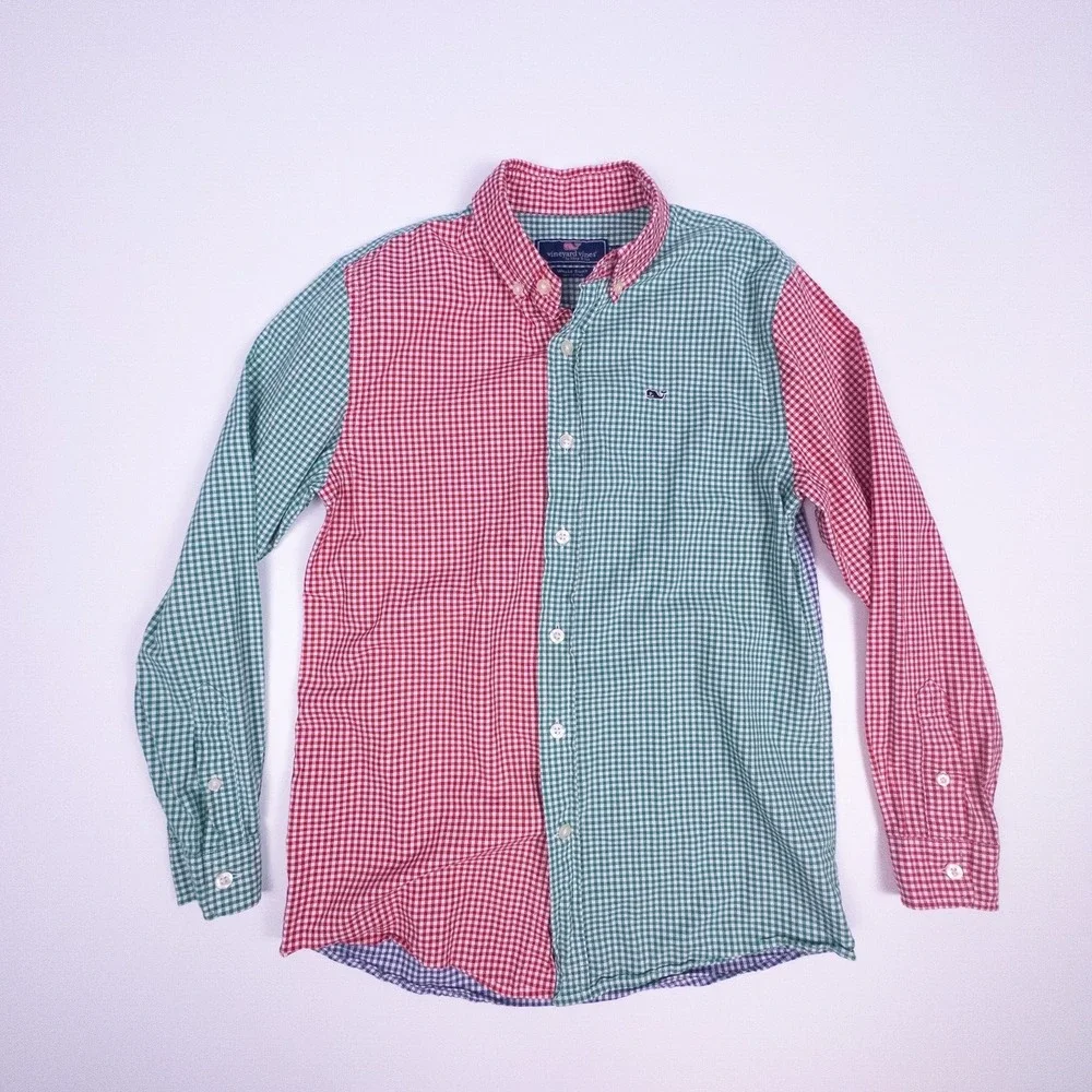Vineyard Vines Red Blue Green Gingham Check Long‎ Sleeve Boys Medium (12-14)